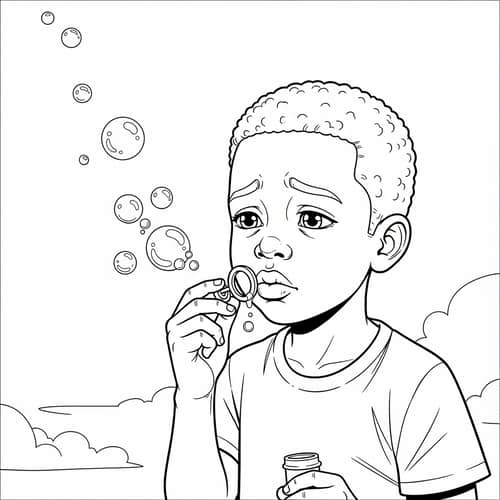 Saddened Young African Boy Blowing Bubbles in Monochrome Illustration