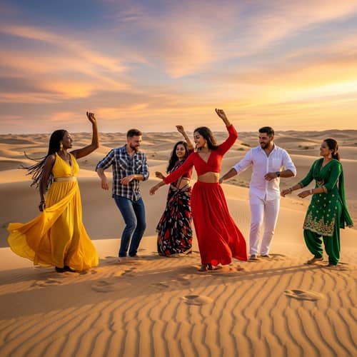 Joyful Desert Dance | Diverse Group of Six Dancing at Sunset