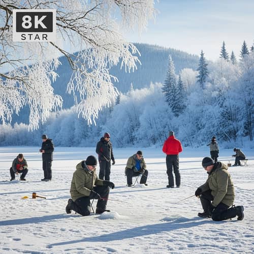 Icy Winter Scene in 8k HD: Ice Fishing & Frosty Evergreen Trees