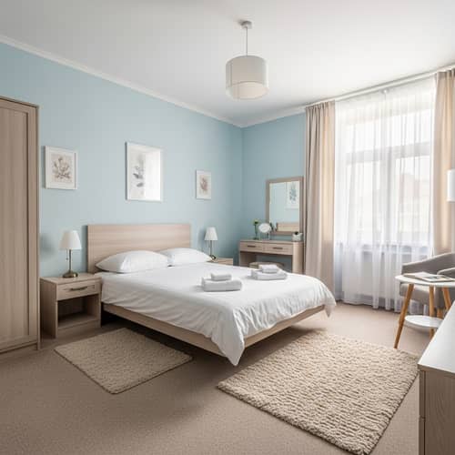 Serene Bedroom Design - Calm Pastel Blue Room with Queen Bed