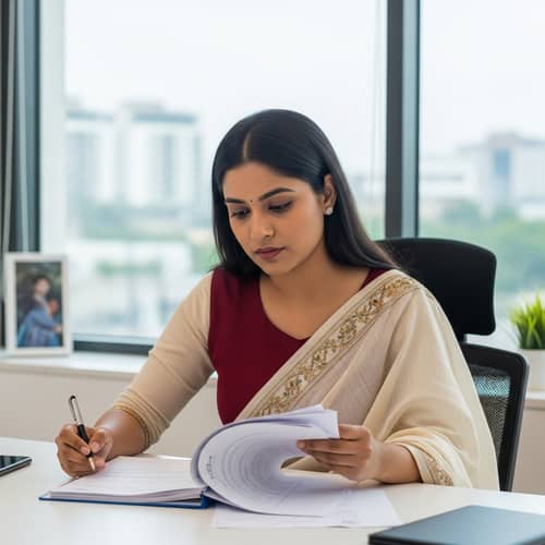Professional South Asian Woman Examining Documents in Well-Lit Office