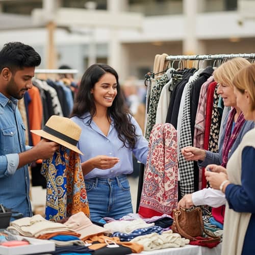 Cheerful Lady Seller at Bustling Flea Market Event | Products & Happy Customers