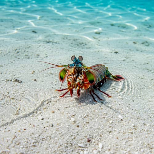Realistic Mantis Shrimp on White Sand in Crystal Clear Water