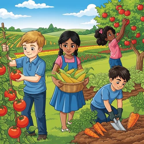 Diverse Children Harvesting on a Vibrant Farm - Joyful Scene