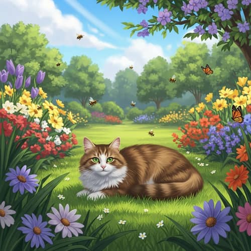 Fluffy Cat Lounging in Vibrant Garden | Serene Afternoon Scene