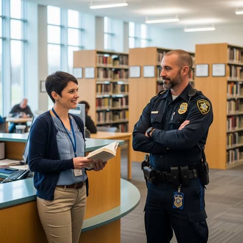 Library Staff Member and Security Guard - Working Together