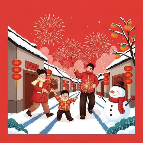 Chinese Family Setting Off Fireworks in Snowy Village
