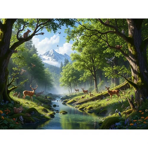 Realistic Nature Scene: Lush Forest Canopy & Snowy Mountains