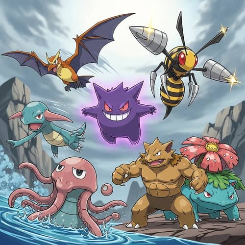 Digital Art: Pokémon Team Featuring Crobat, Tentacruel, Gengar, Nidoking, Venusaur, Mega Beedrill