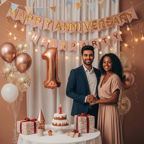 First Anniversary Celebration with Balloons, Cake & Love