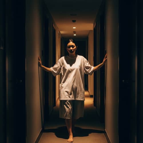Asian Woman in Comfortable Attire Walking in Low-Light Hallway