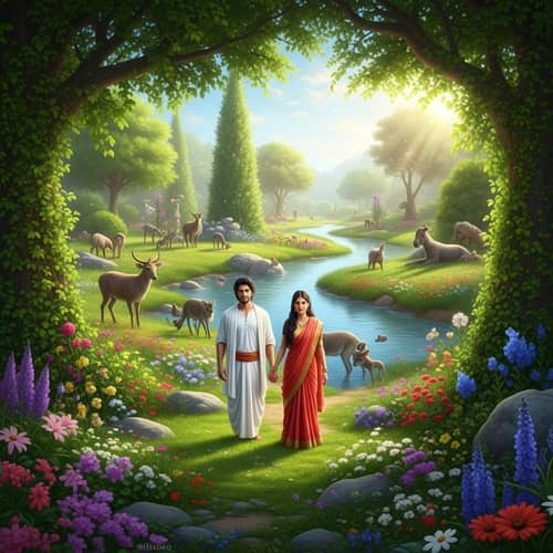 Garden of Eden: Serene Paradise with South Asian Inhabitants