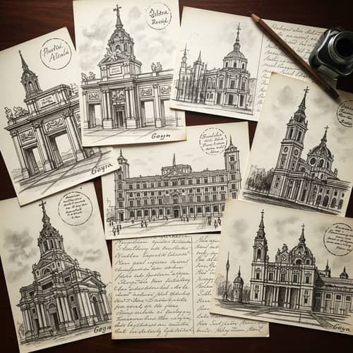 Handwritten Postcards on Vintage Paper with Madrid Landmarks Sketches