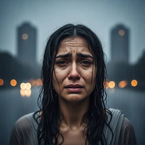 Heartbroken South Asian Woman Crying Under Rainy Sky