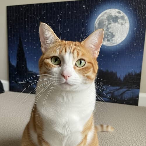 Beautiful Orange and White Domestic Cat Sitting on a Carpeted Floor