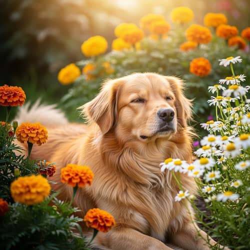 Tranquil Garden Scene with a Golden Dog