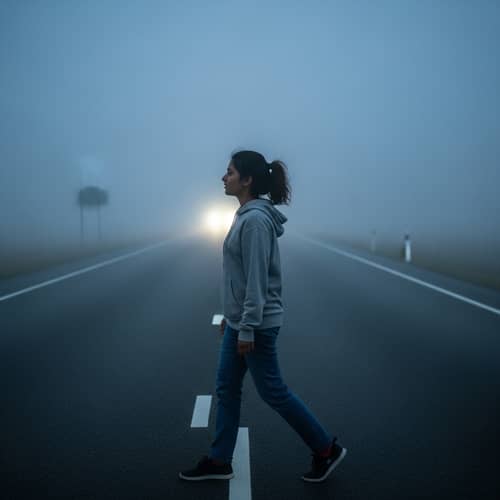 South Asian Girl Strolling on Foggy Highway at Night