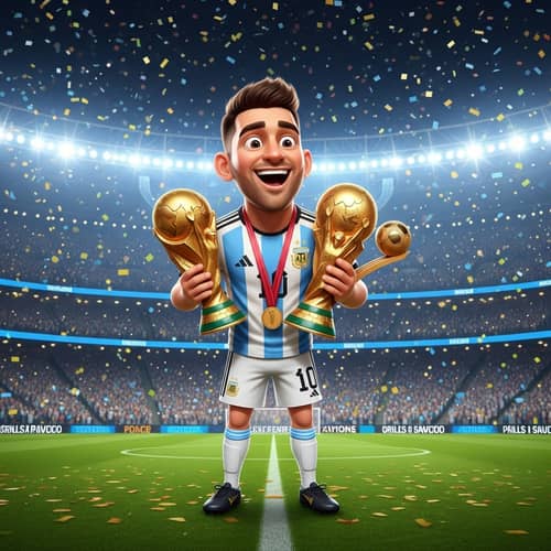 Proud Argentina Soccer Player Celebrating with World Cup Trophies