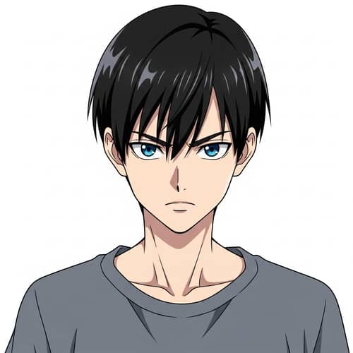 Anime Style Teenage Boy with Striking Blue Eyes and Black Hair