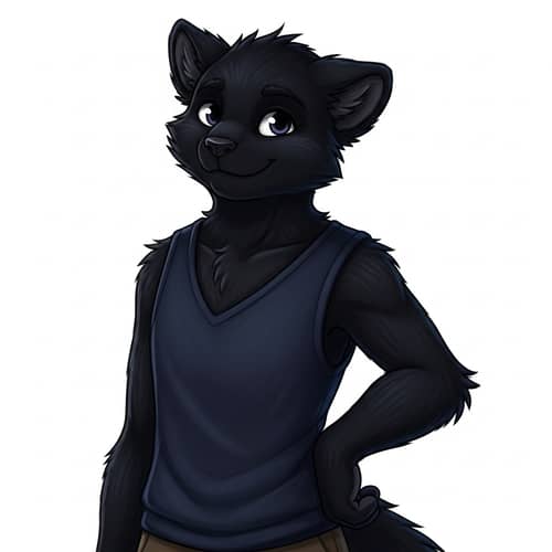 Black Furry Humanoid Character Design with Bright Eyes and Friendly Smile