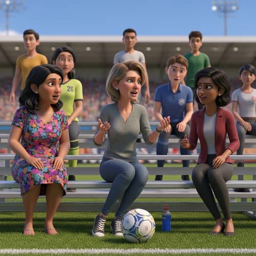 Vivid 3D Animation of Three Moms Chatting at Soccer Game