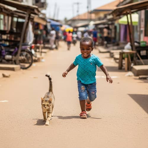 Joyful Kid Chasing Cat in Nigerian Streets