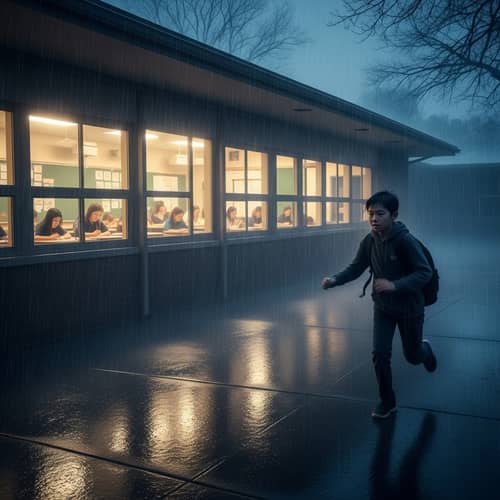 Eerie Rainy Classroom Scene With Mysterious Boy