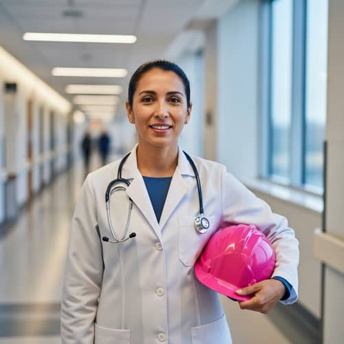 Female Hispanic Doctor with Pink Construction Helmet in Hospital