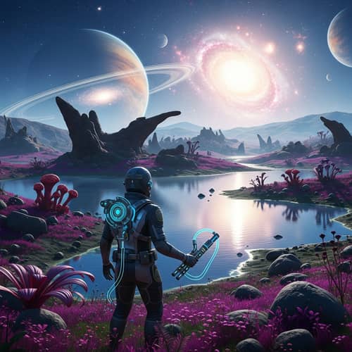 Exploring Alien Planet with Futuristic Character and Vibrant Flora