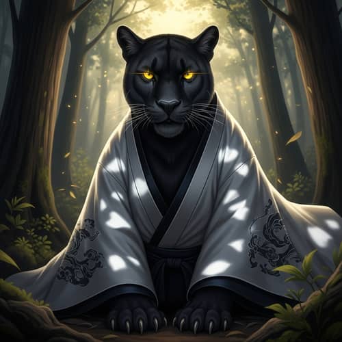 Magnificent Black Puma in Tranquil Forest - Japanese Kimono Inspired
