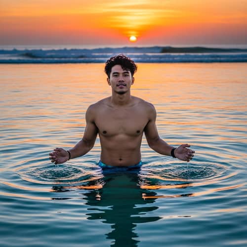 Serenity in Nature: Tranquil South-Asian Man in Clear Water