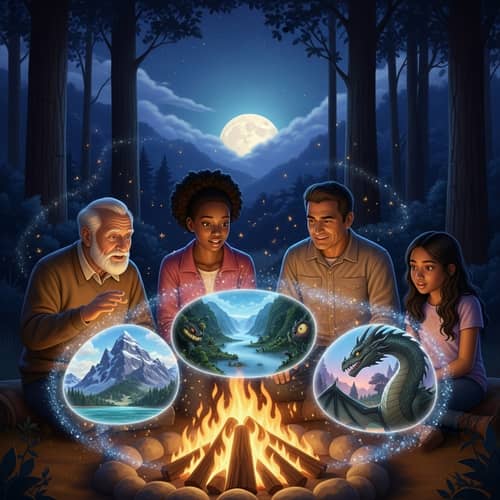 Enchanting Storytelling by Diverse Group Around Fire | Mystical Tales