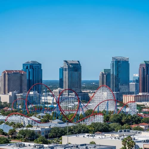 Orlando Florida City Skyline with Roller Coasters