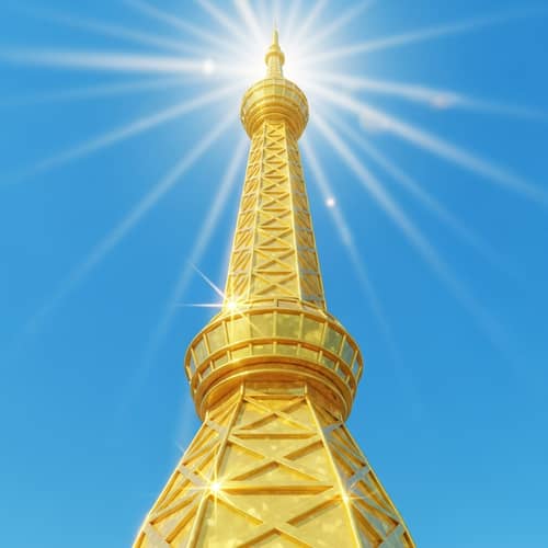Cartoon Gold Tower: Fantasy Structure Shining in the Sunlight