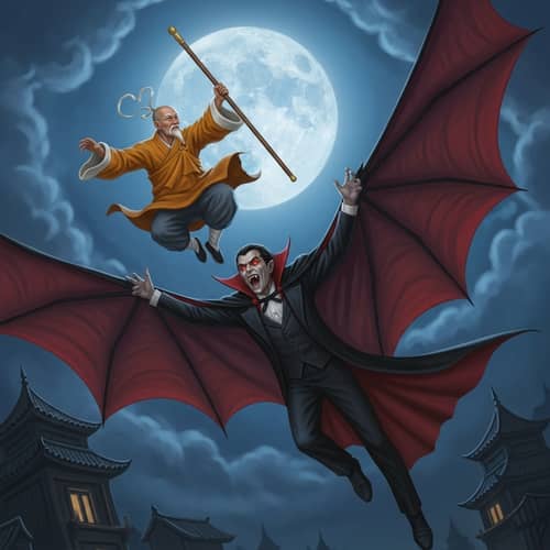 Epic Vampire vs. Monk Battle in Moonlit Night Sky