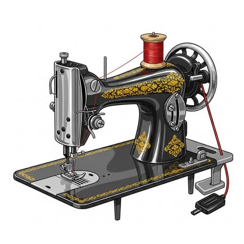 Classic Sewing Machine Illustration in Steely Silver with Vibrant Red Thread