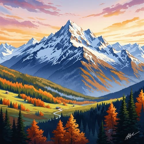 Majestic Snowy Mountain Landscape in Watercolor