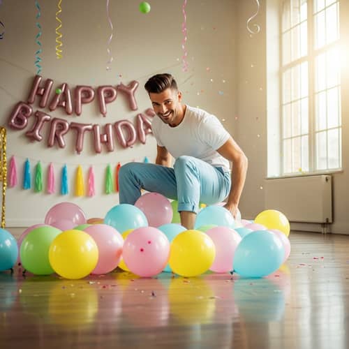 Playful Man Popping Balloons | Fun Party Room Scene