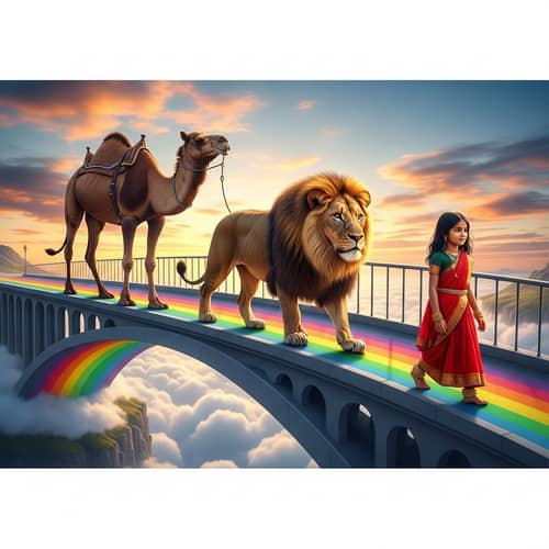 Majestic Lion Leading Unlikely Procession Across Prismatic Rainbow Bridge