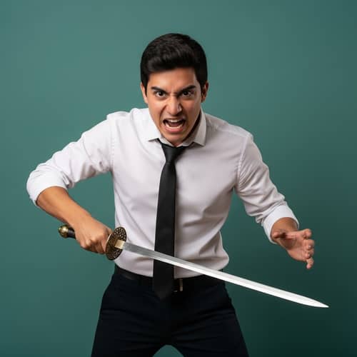 Hispanic Young Man in White Shirt and Black Pants with Sword