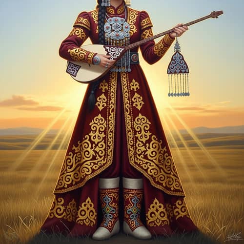 Traditional Kazakh National Clothing Painting in Sunset Steppe