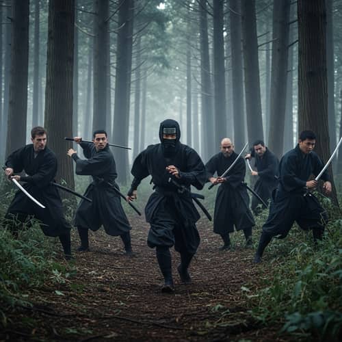 Stealthy Ninja Fleeing Through Ancient Japanese Forest
