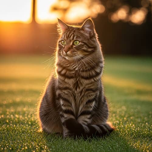 Majestic Brown & Black Cat on Green Lawn