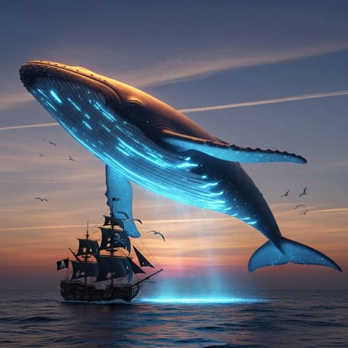 Radiant Blue Whale Soaring Over Pirate Ship