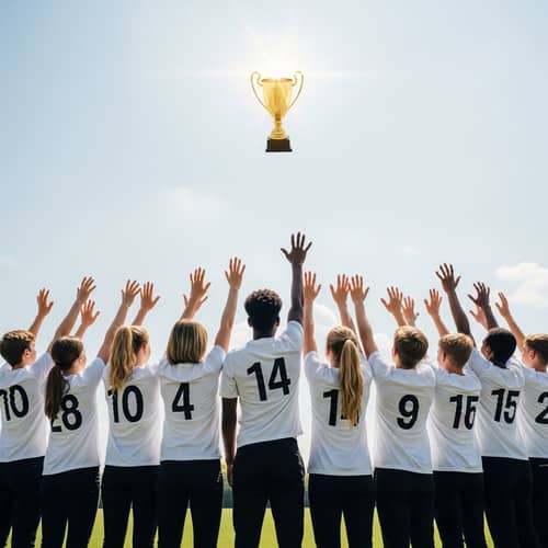 Diverse Teenagers Reach for Golden Trophy on Soccer Field
