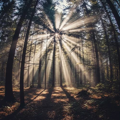 Mystical Forest with Sunlight Rays - Dreamy Pastel Colors