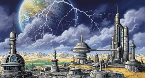 Dune Planet Thunderstorm: Futuristic Cityscape in Sci-Fi Art