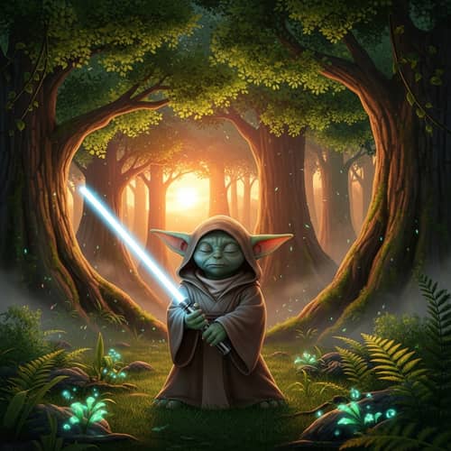 Master Yoda - Wise Green Humanoid with Lightsaber in Lush Forest