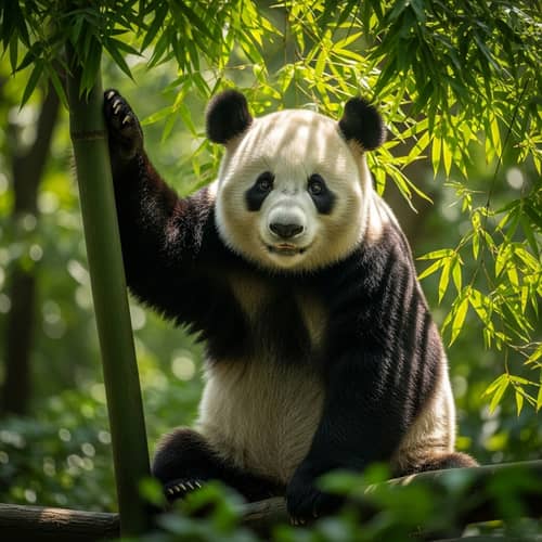Black and White Panda Sitting on Bamboo Tree in Lush Forest