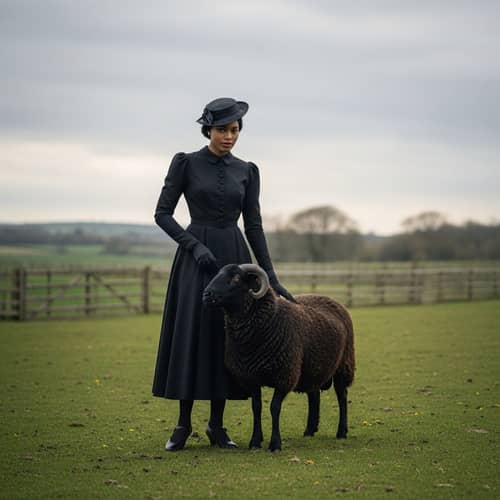 Vintage Countryside Scene with Stylish Black Woman and Black Sheep